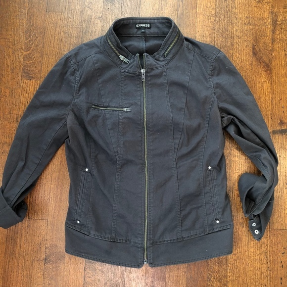 Grey Denim Moto Jacket with Zipper Embellishments, Size M - Picture 1 of 3